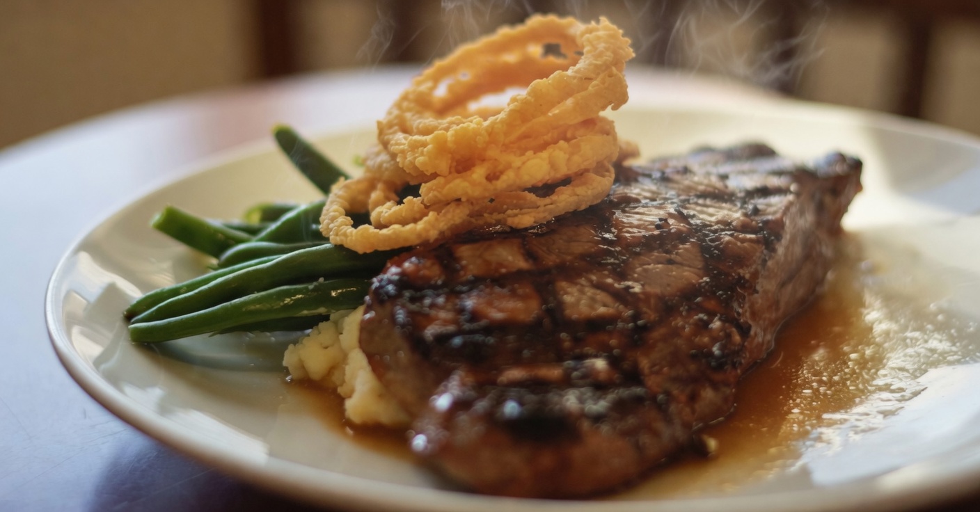 Hand-Cut Steak with green beans and onion rings